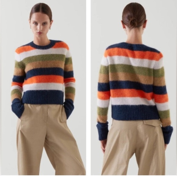 COS Wool Alpaca Striped Crewneck Cropped Pullover Sweater Orange Navy Tan XS - Picture 1 of 11